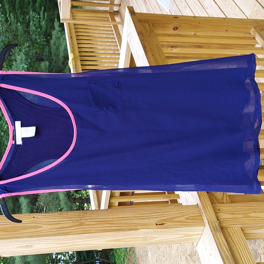 Design History Purple Pink Trim Crisscross back Semi Sheer Tank Top Sz L